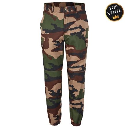 pantalon militaire f2 camouflage cce, vue de face, poches cargo, bas élastiqués, passants larges