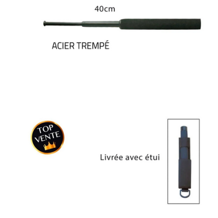 Matraque télescopique acier trempé 40 cm avec étui