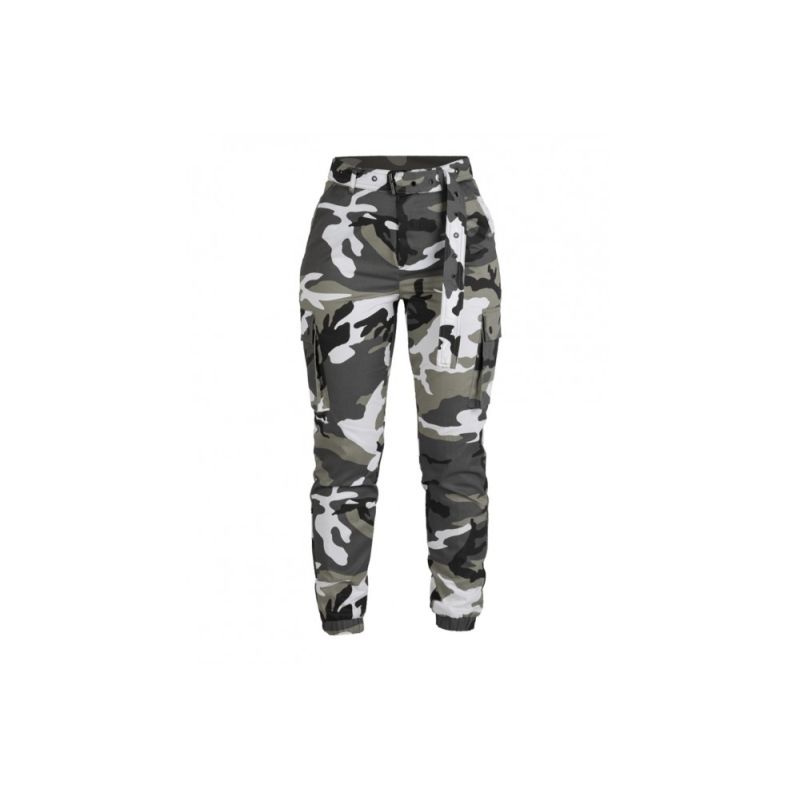pantalon cargo militaire f2 femme urban, vue de face, coupe haute ceinture cloutée poches cargo