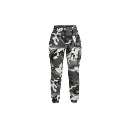 pantalon cargo militaire f2 femme noir, vue de face, coupe haute ceinture cloutée poches cargo