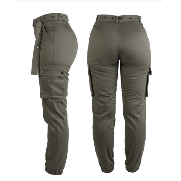 pantalon cargo militaire f2 femme vert, vue de face, coupe haute ceinture cloutée poches cargo