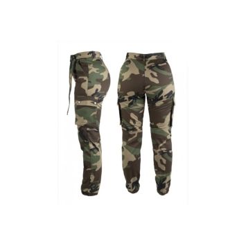 pantalon cargo militaire f2 femme woodland, vue de face, coupe haute ceinture cloutée poches cargo