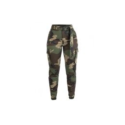 pantalon cargo militaire f2 femme woodland, vue de face, coupe haute ceinture cloutée poches cargo