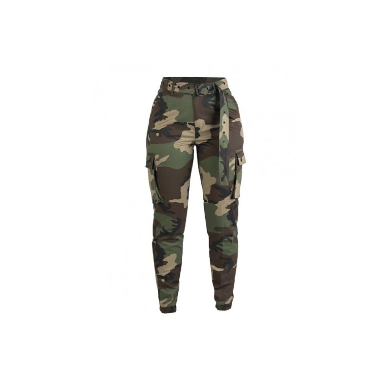 pantalon cargo militaire f2 femme woodland, vue de face, coupe haute ceinture cloutée poches cargo