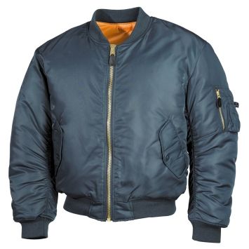 bombers US MA1 bleu alpha, vue de face, zip métallique et poche manche gauche