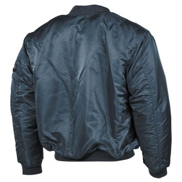 bombers US MA1 bleu alpha, vue de face, zip métallique et poche manche gauche