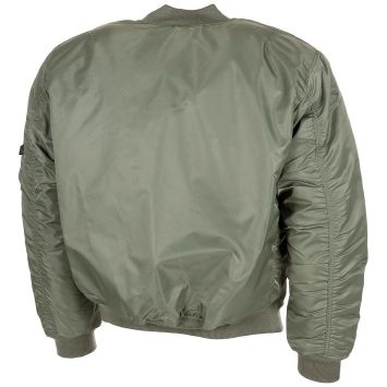 bombers US MA1 vert, vue de face, zip métallique et poche manche gauche