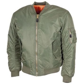 bombers US MA1 vert, vue de face, zip métallique et poche manche gauche