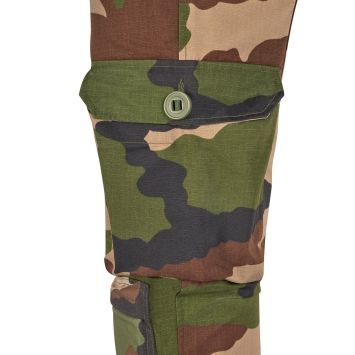 pantalon treillis opex cce, détail poche cargo à soufflet, bouton de fermeture