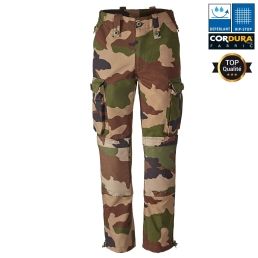 pantalon treillis militaire ripstop opex camouflage cce, vue de face, poches cargo, genoux renforcés, bas de jambe zippé