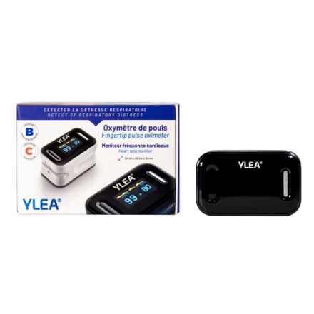 oxymètre de pouls oled ylea noir, appareil et boîte, vue dessus