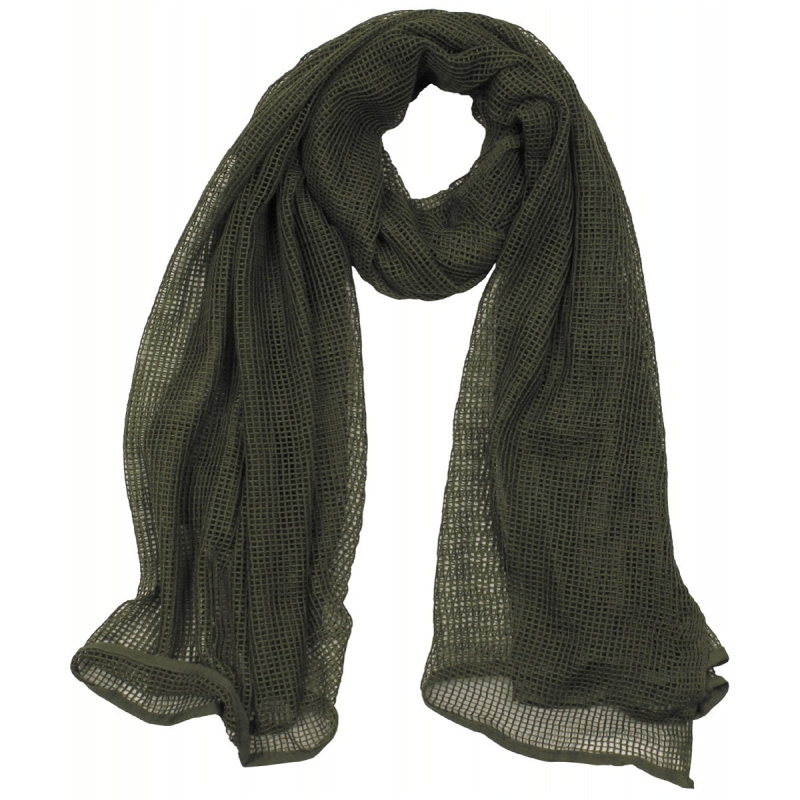 Écharpe filet MFH vert bonne aération et faible encombrement dans un sac.