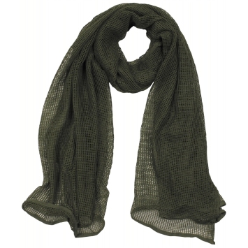 Écharpe filet MFH vert bonne aération et faible encombrement dans un sac.