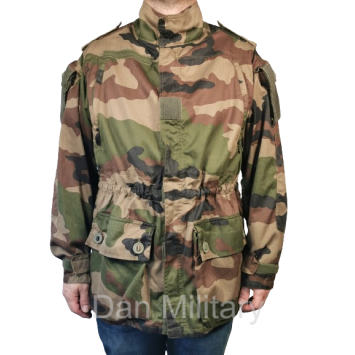 veste de combat t4s2 camouflage ce, vue de face, zone chaude ripstop, serrage taille et poches cargo à boutons 
Dan Military