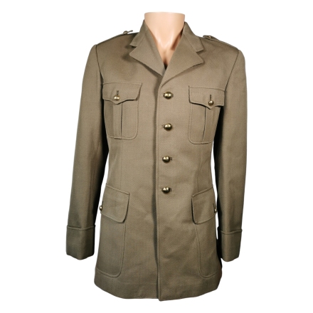 veste militaire officier UGECO 1977 marron, vue de face, 4 poches à rabat, boutons dorés