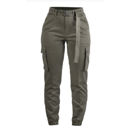 pantalon cargo militaire f2 femme vert, vue de face, coupe haute ceinture cloutée poches cargo