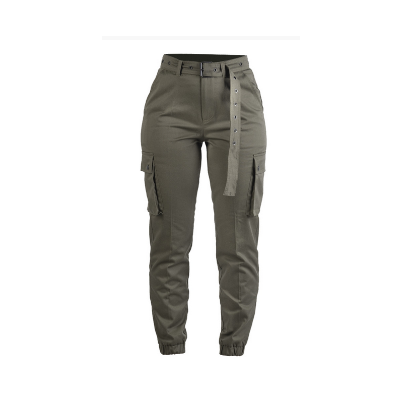 pantalon cargo militaire f2 femme vert, vue de face, coupe haute ceinture cloutée poches cargo
