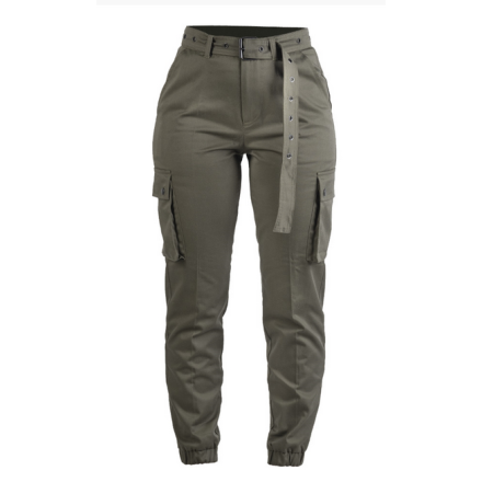 pantalon cargo militaire f2 femme noir, vue de face, coupe haute ceinture cloutée poches cargo