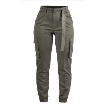 pantalon cargo militaire f2 femme vert, vue de face, coupe haute ceinture cloutée poches cargo