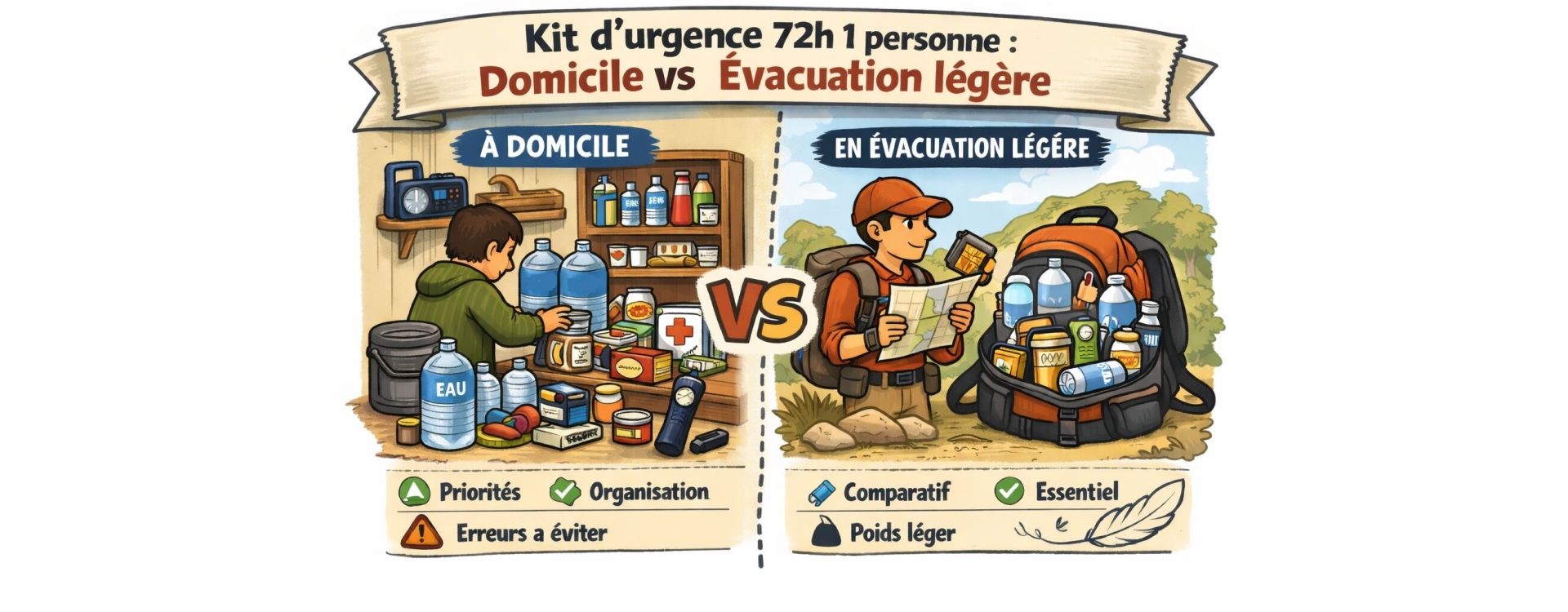 Kit d’urgence 72h 1 personne : domicile vs évacuation légère