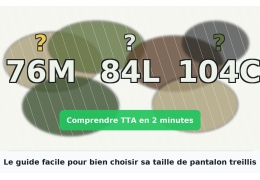 Treillis militaire : tailles TTA ↔ FR (Court/Moyen/Long) + entrejambe