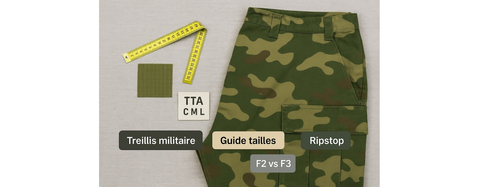 Treillis militaire : F2/F3, BDU/ACU, tailles TTA↔FR, tissus ripstop — guide complet